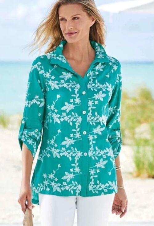 Soft Surroundings Tops - SOFT SURROUNDINGS Isla Verde Linen Blend Embroidered Shirt Teal Sz 1X {T42}
